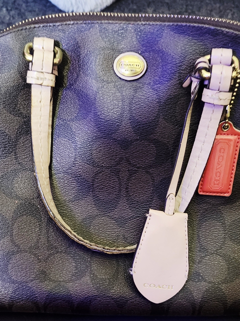 Coach Black Signature Satchel with Cream Trim and Red Tag Accent